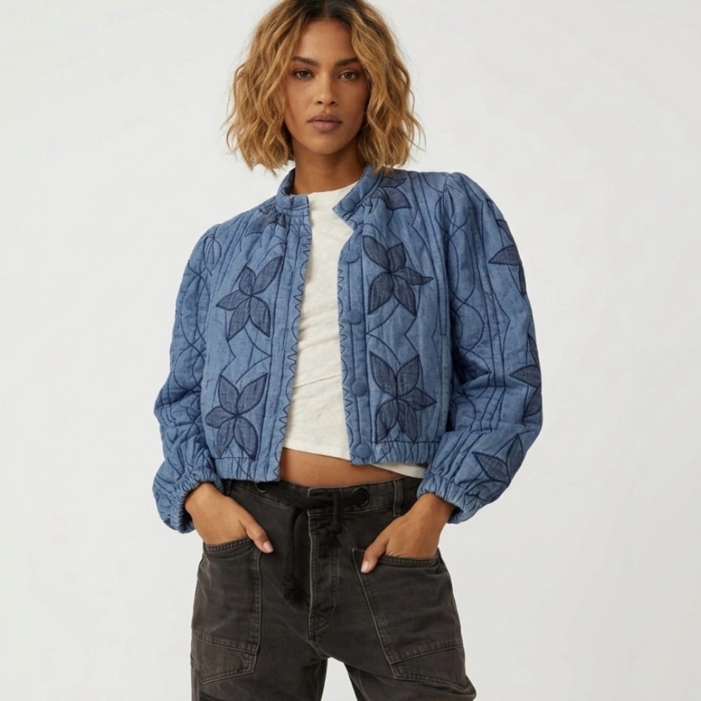 Free People women’s Quinn Quilted indigo cotton denim jacket puffy sleeve SZ XS